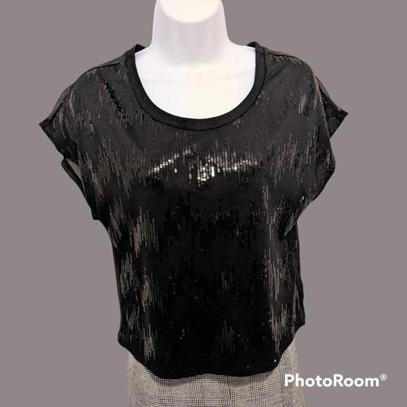 Concert Black Sequin Crop Top with Cap Sleeves Size S - Picture 1 of 2
